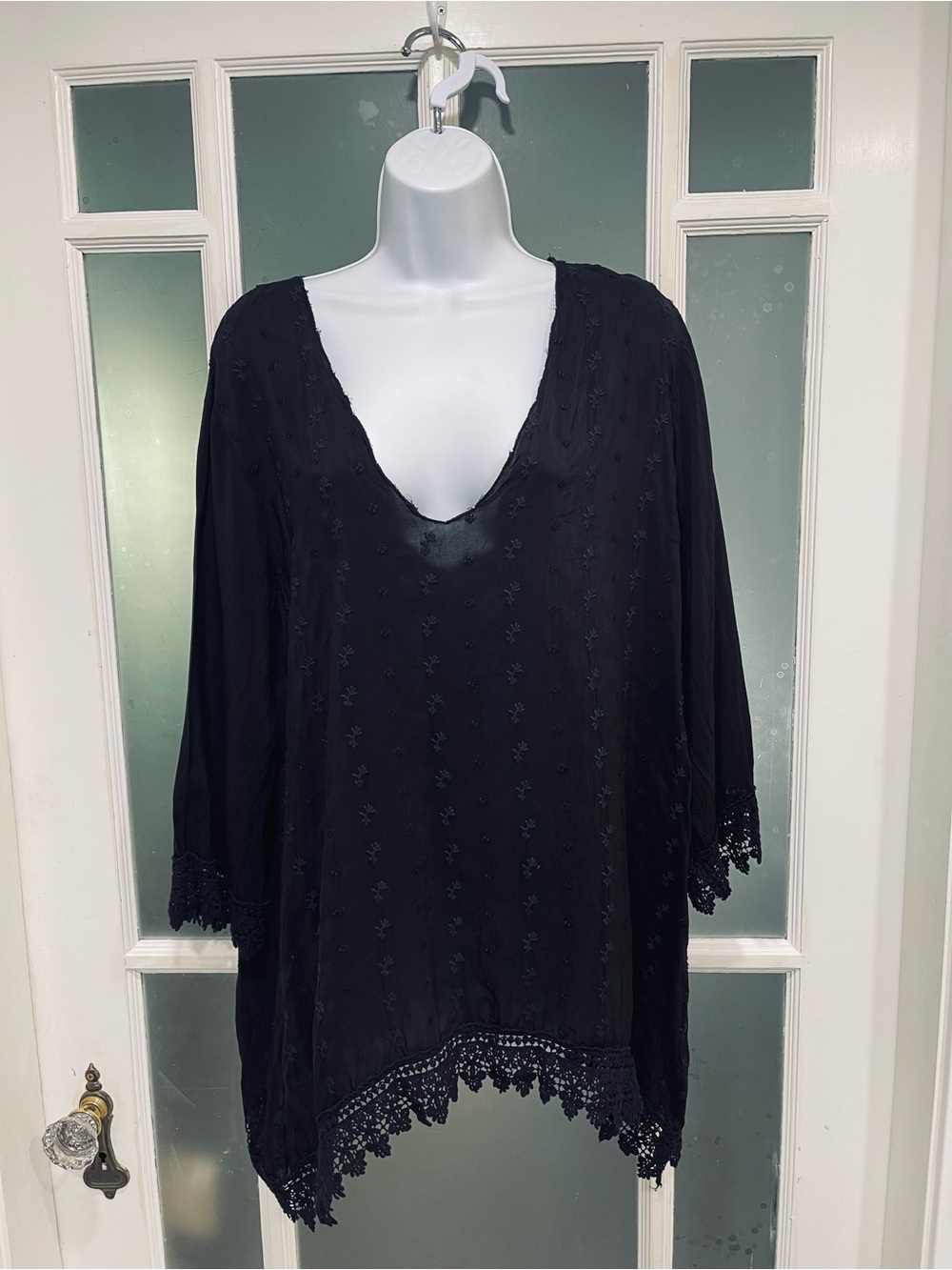 Johnny Was Black Embroidered V-Neck Tunic with Lace Trim